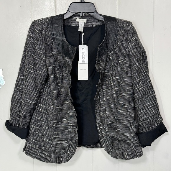 Chico's Romantic Ruffle Regie Jacket Blazer Black Optic White Size 0 (Small) NEW - Picture 1 of 11